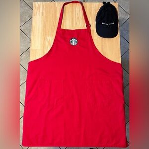 Starbucks Genuine Red Apron with Black Cap and Metal Nametag Bundle